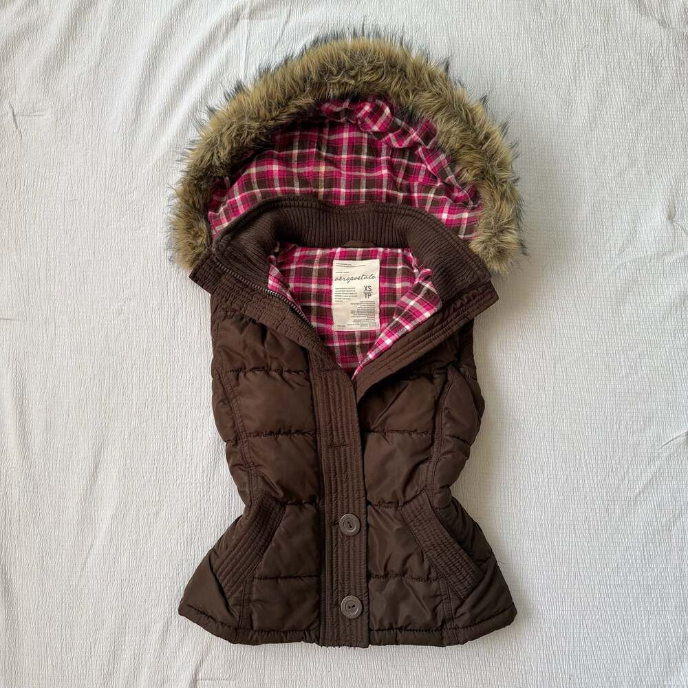Y2K Aeropostale Fur hood Puffer Vest with Plaid Lining